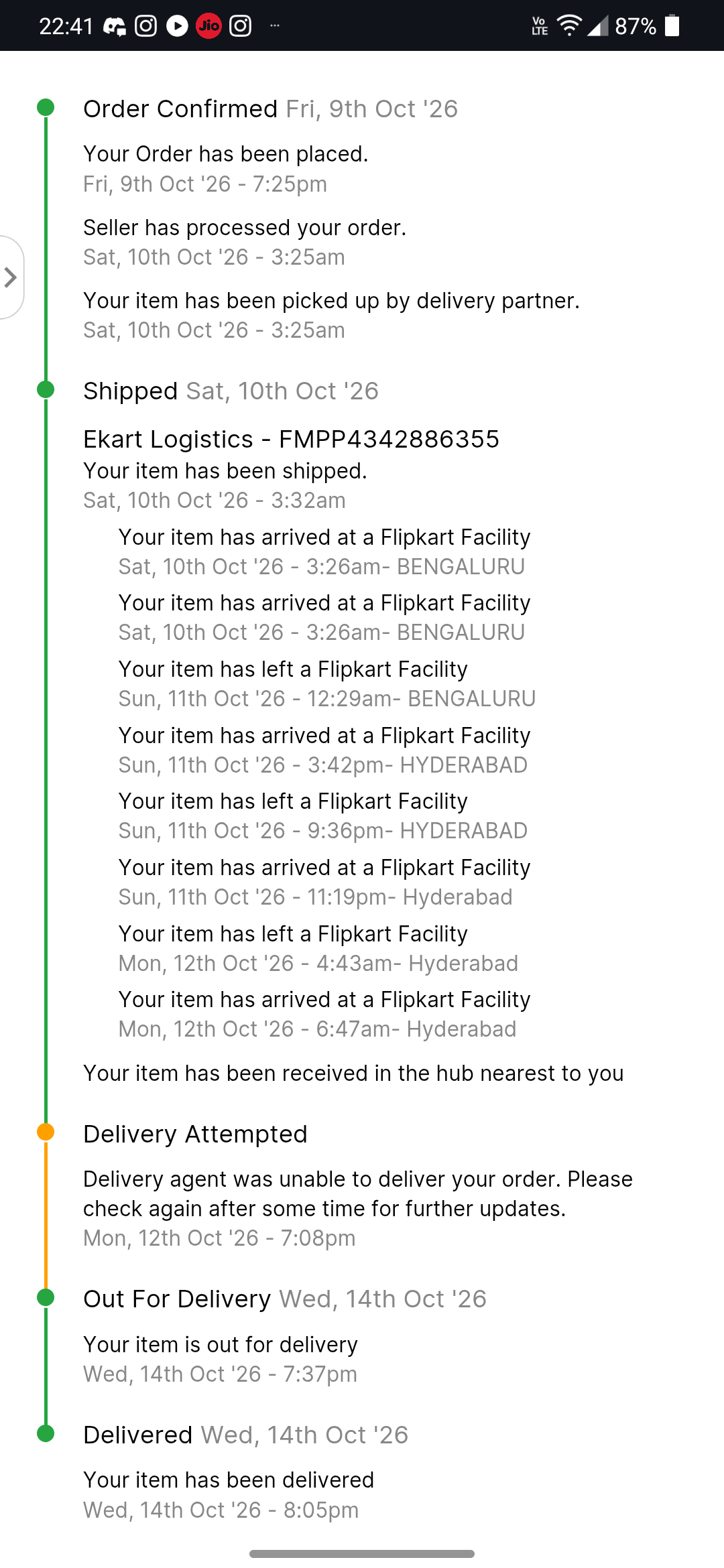 The full delivery-status timeline, showing all updates from arrival at the facility through final delivery