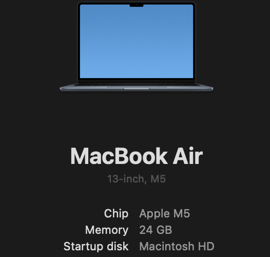 About This Mac showing a 13-inch MacBook Air with M5, 24 GB memory, and Macintosh HD; the serial-number row is not included